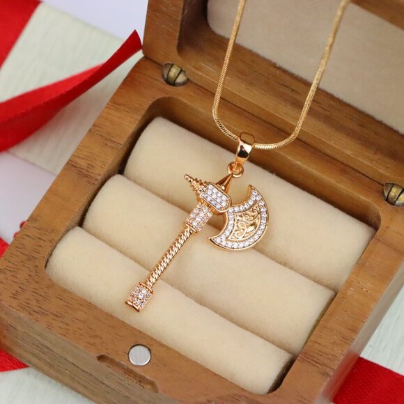 "Rose Gold Axe Pendant with Sparkling Stones – Elegant Design XPPT1381 - Picture 6 of 13